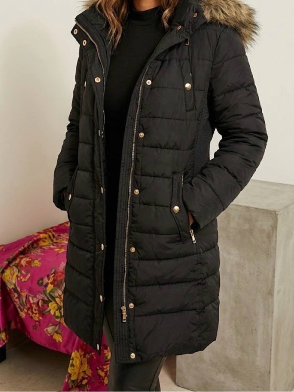 Michael Kors Black Quilted Puffer Coat with Faux-Fur Trim